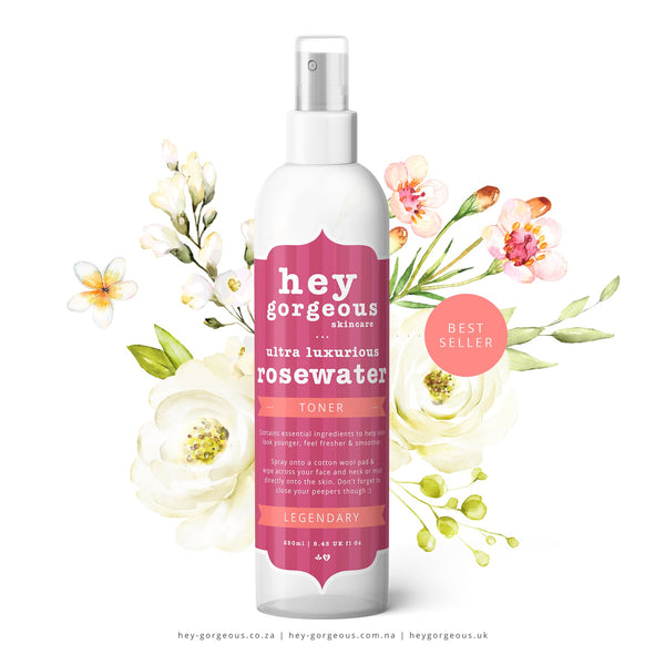 A bottle of Ultra Luxurious Rosewater toner by Hey Gorgeous Skincare